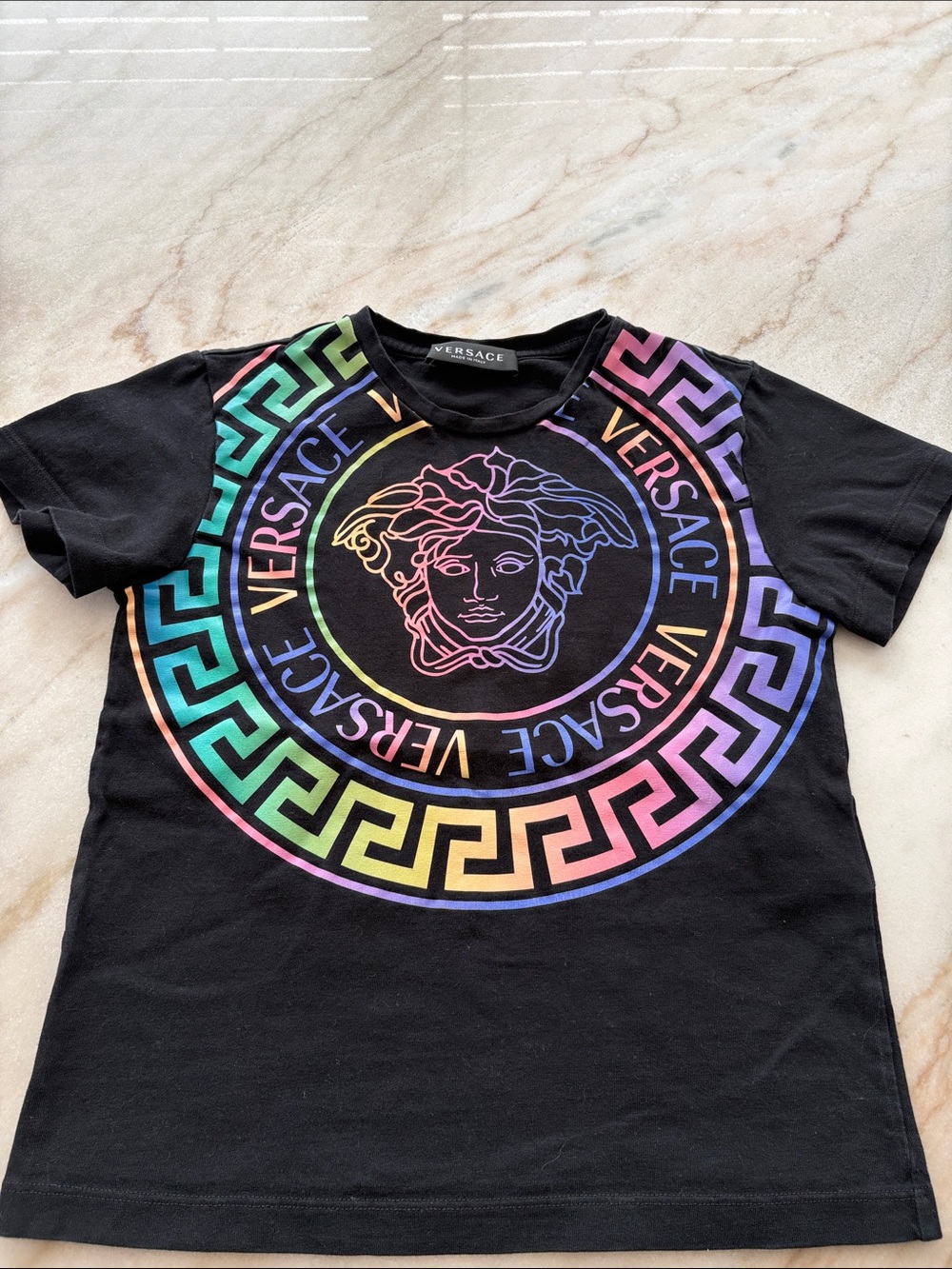 Versace Kids Black Tee with Rainbow Medusa Circle